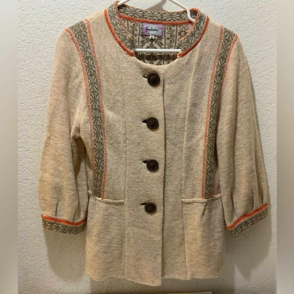 Freelance 100% Lamb Wool Cardigan Sweater Size L Button Front 3/4 Sleeve